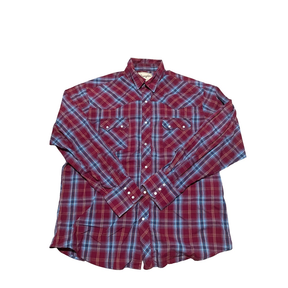 Wrangler Mens Western Fashion Snap Shirt Burgundy Blue Plaid Long Sleeve XL